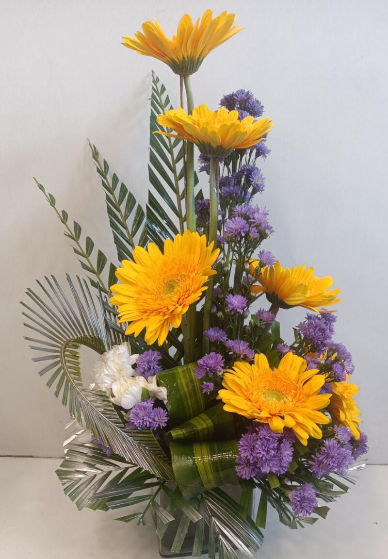Flower Arrangement of Gerberas and Blue Daisies
