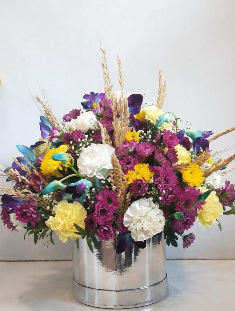 Floral Arrangement of Mixed Spray Daisies, Carnations, Orchids and Dry Flower Sticks in Box