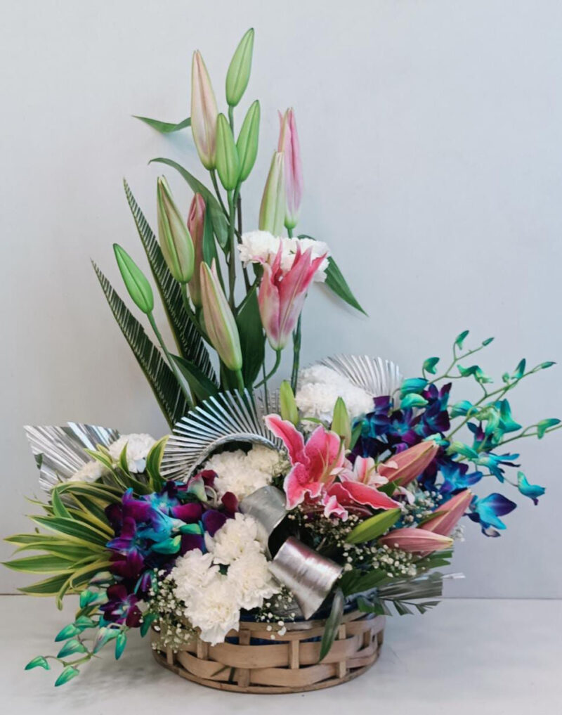 Floral Arrangement of Oriental Lilies, Carnations and Orchids in Basket