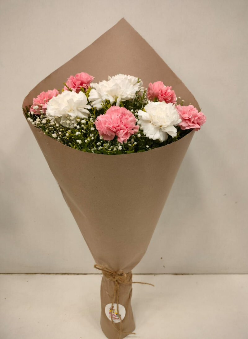 Bouquet of Pink and White Carnations in Brown Wrap