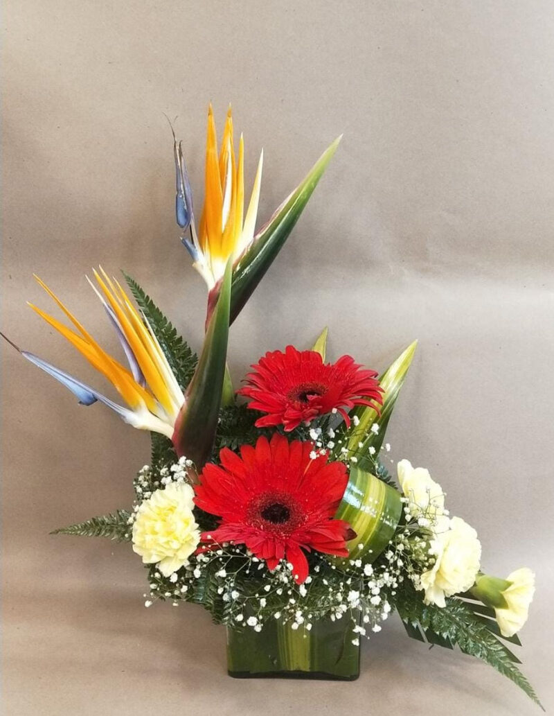 Floral Arrangement with Birds of Paradise, Carnations and Grebera in Vase