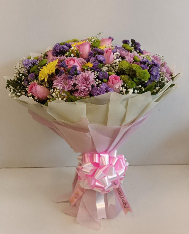 Bouquet of Roses, Mix of Spray Daisies and Blue Daisies in Tissue Wrap