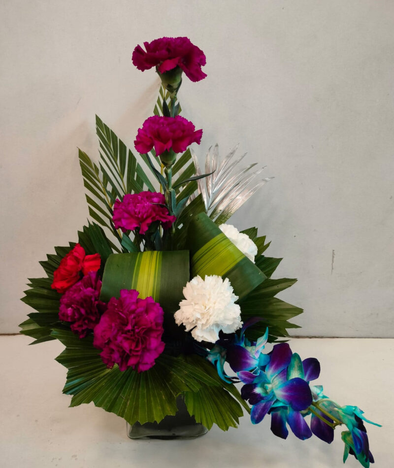 Carnations and Orchids in Square Glass Vase