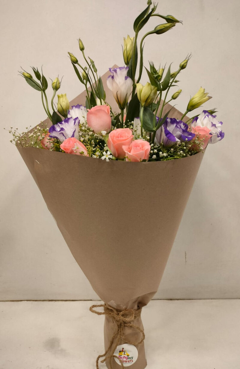 Mix Flowers with Eustoma and Pink Rose in Brown Wrap