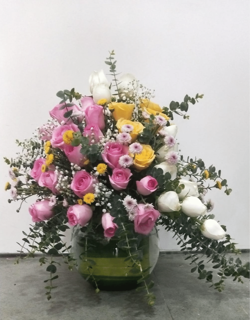 Flower Arrangement of Rose, Spray/Button Daisy and Baby Dollar in Glass Fish Bowl