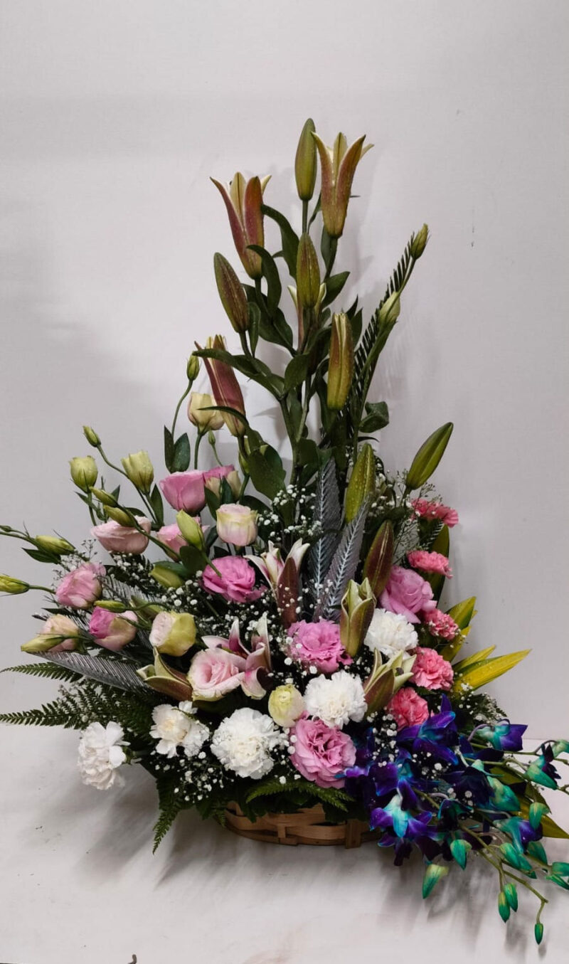 Flower Arrangement with Fragrant Oriental Lily, Carnation, Eustoma and Orchid in Basket