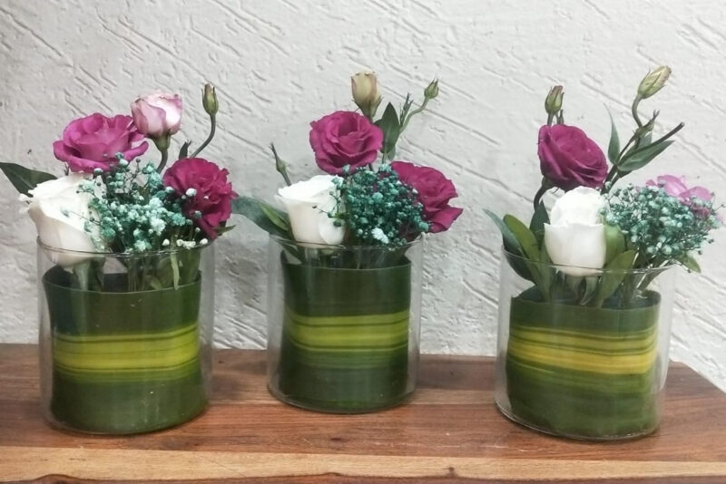 Flower Arrangement with Eustoma and Rose in Glass Vase-- Set of 3