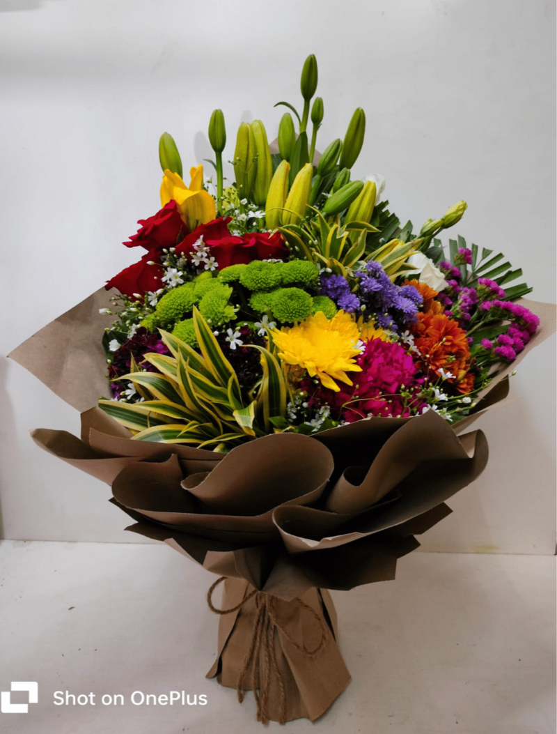 Mixed Flower Hand Bouquet with Asiatic Lily, Rose, Green Button Daisies , Spray Daisies and Statice